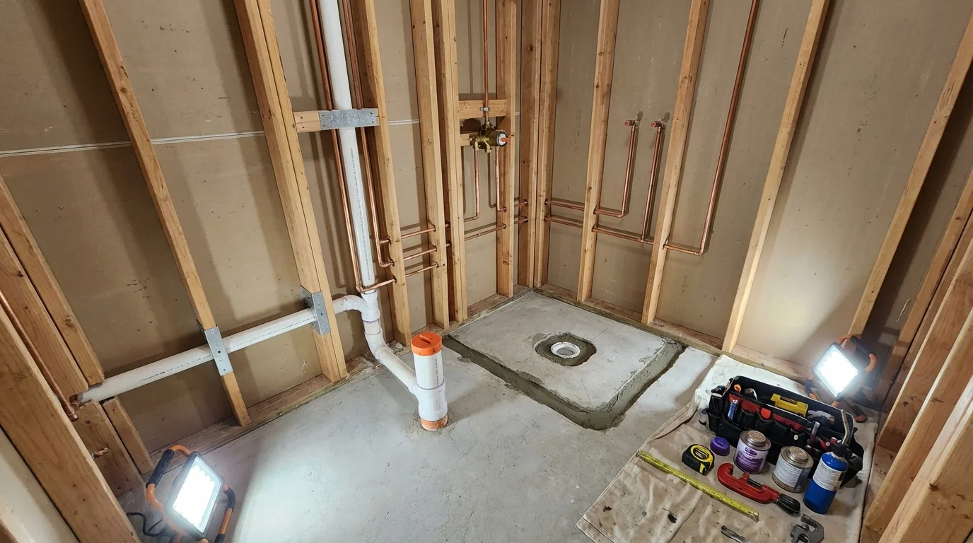 Bathroom rough-in plumbing during remodel by Johns Plumbing LLC in Crothersville