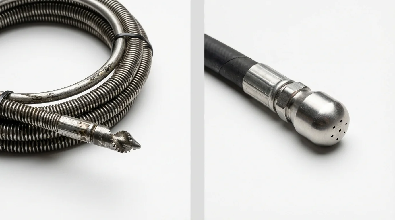 Drain snake cable and hydro jetting nozzle used for drain cleaning in Crothersville, IN