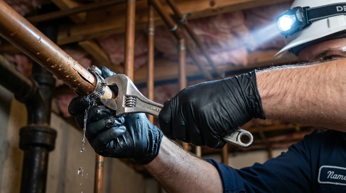 Emergency pipe clamp repair being performed by a Johns Plumbing LLC plumber in Crothersville