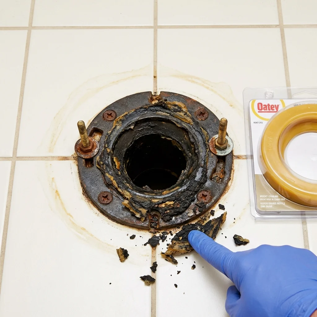 Failed wax ring showing water seepage at the base of a toilet in a Crothersville, IN home