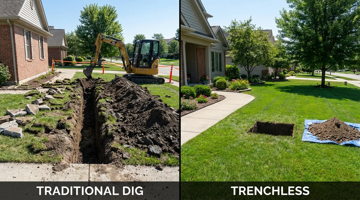 Trenchless sewer repair with minimal yard damage versus traditional excavation in Crothersville, IN