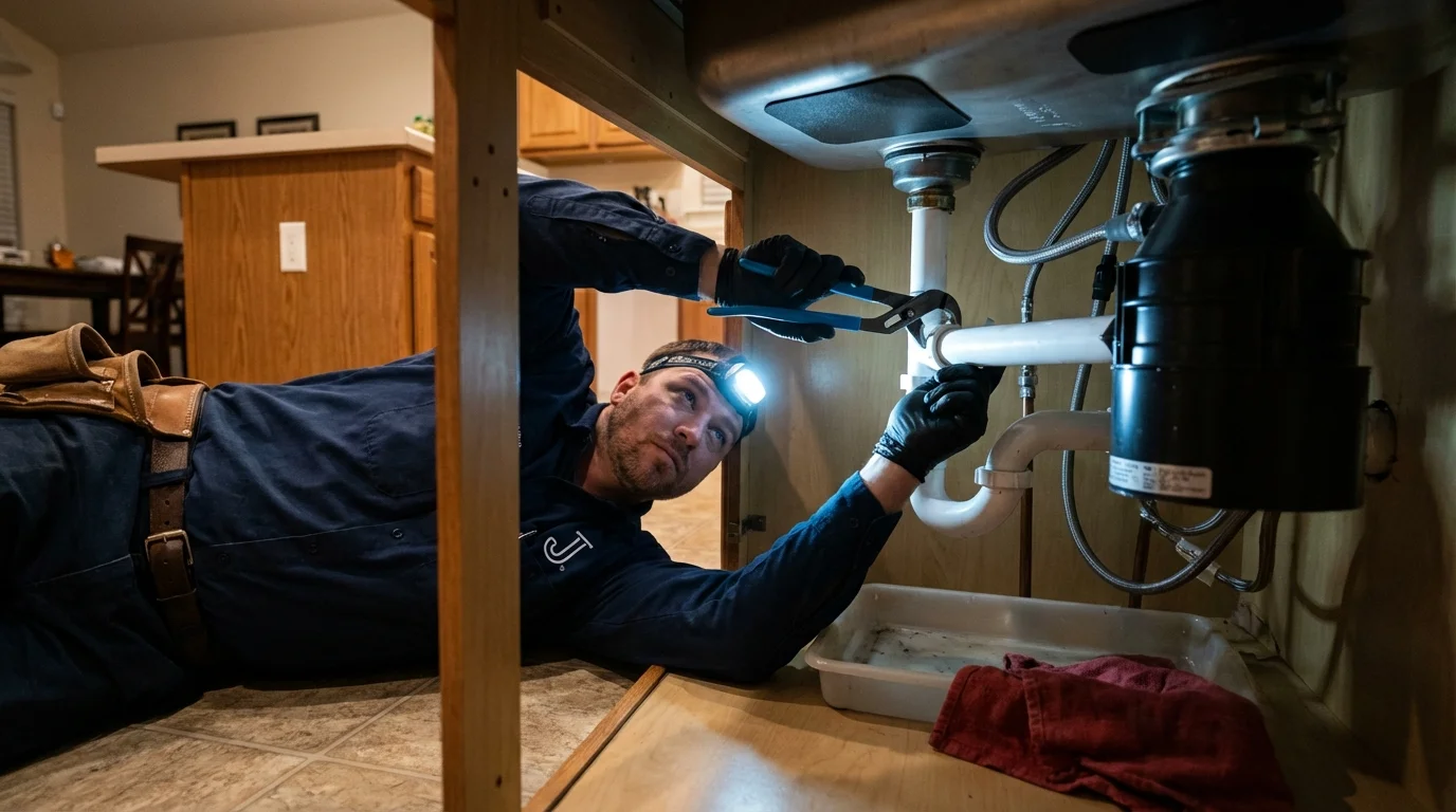 P-trap and supply line connections under a kitchen sink showing a common leak point in Crothersville, IN